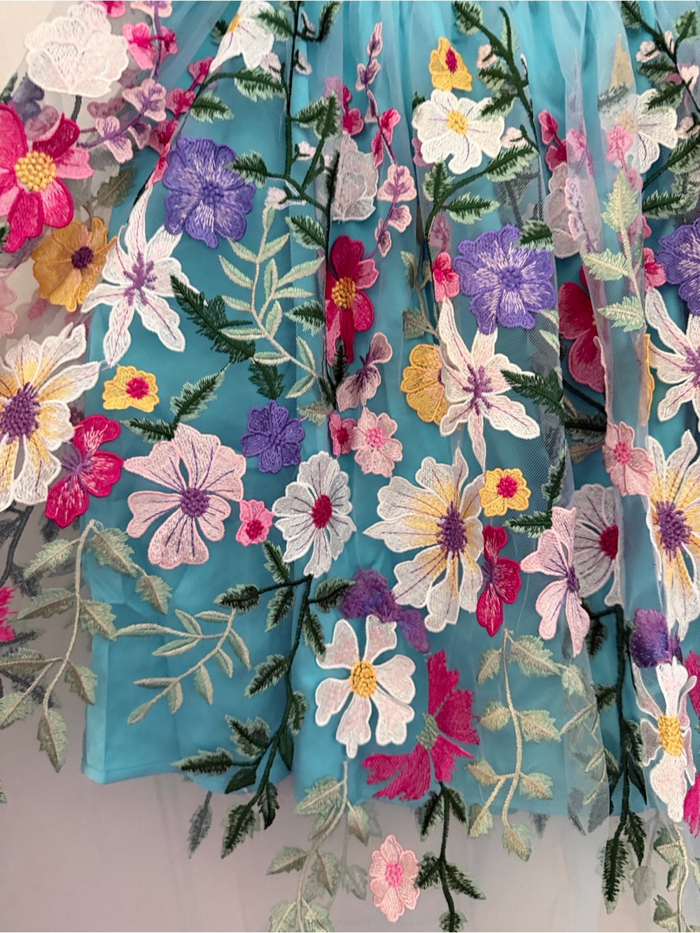 Aratta Silent Journey. Floral Embroidered Tulle Midi Skirt w/ Aqua. Sz XL - Picture 2 of 7